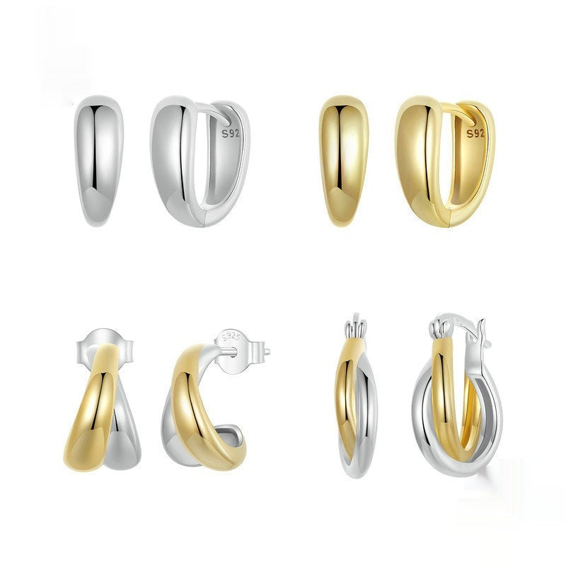 Double Ring Plain Ornament Female Earrings Silver Gold