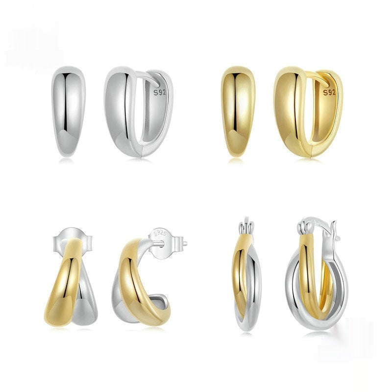 Double Ring Plain Ornament Female Earrings Silver Gold