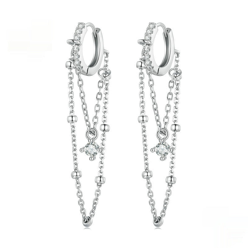 Silver Earrings Tassel Electroplated Zircon Long