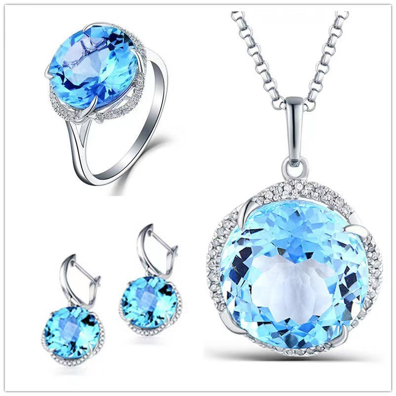 925 Sterling Silver Fashion Sky Blue Topaz Gem Three-piece Jewelry